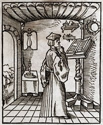 A scholar with a finger to his lips in front of an open book, in a small room