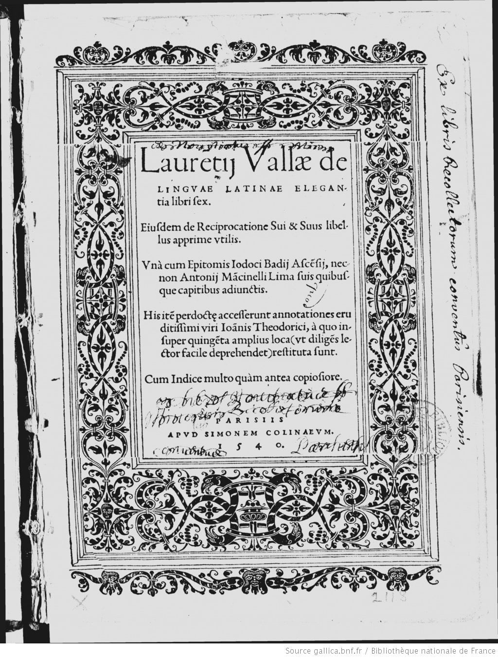 Elégances de la langue latine, Valla, Paris, Simon de Colines, 1540